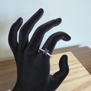 Sterling Silver Blue Gem Emerald Cut‎ Ring Pave CZ Accents Size 6.5